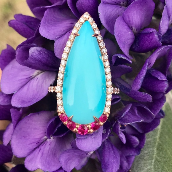 Sleeping beauty turquoise, diamond & ruby ring - Picture 3 of 8